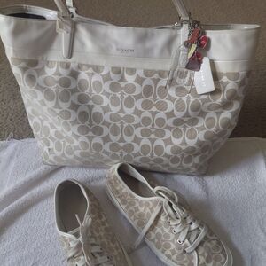 Coach White and Tan Signature Tote And Shoes Size 11 Sold As A Set Or Seperate